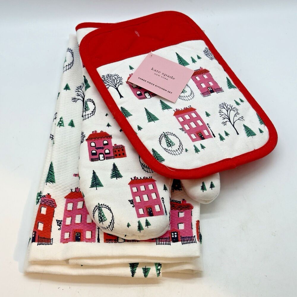 NEW Kate Spade New York Christmas Set Kitchen Towel Oven Mitt & Pot Holder GIFT
